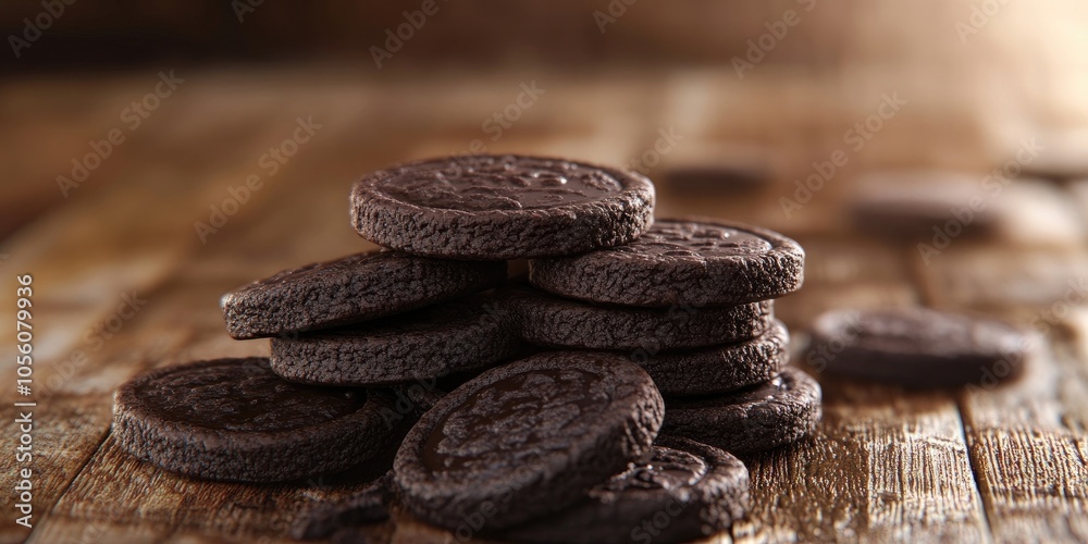 Delicious dark chocolate cookies arranged on a rustic wooden table, perfect for dessert or snack time Delicious dark chocolate cookies arranged on a rustic wooden table, perfect for dessert or snack time