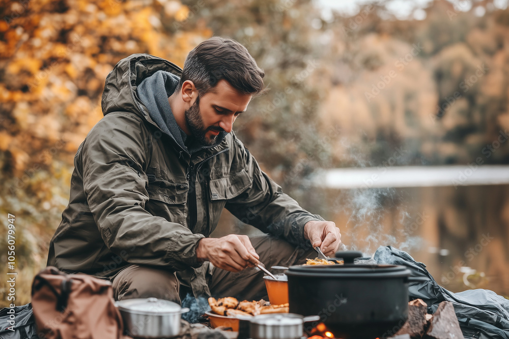 Hiker Cooking at Firepit Enjoying Scenic Lake View Hiker Cooking at Firepit Enjoying Scenic Lake View