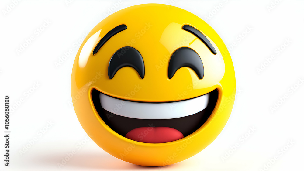 A bright yellow 3D emoticon with a wide grin, displaying large, white teeth and a happy expression. The round, glossy face is positioned against a white background.