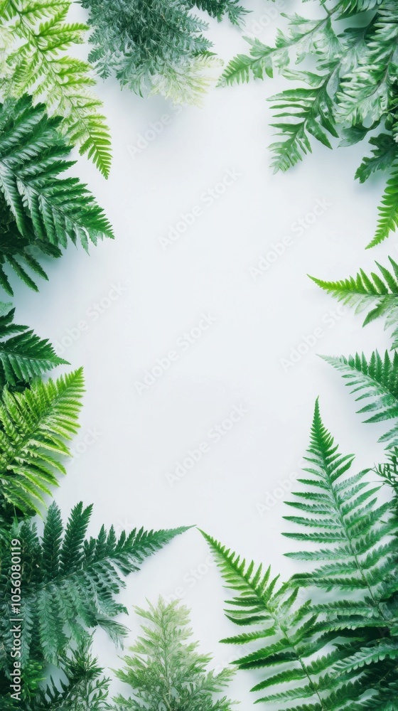 A vibrant arrangement of lush green ferns creating a natural frame against a soft white background in a serene indoor setting A vibrant arrangement of lush green ferns creating a natural frame against a soft white background in a serene indoor setting
