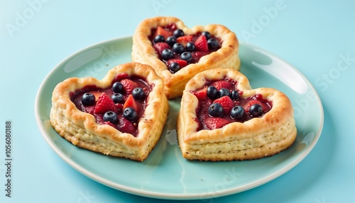 Heart-Shaped Berry Pastries with Blueberries and Strawberries on Blue Plate