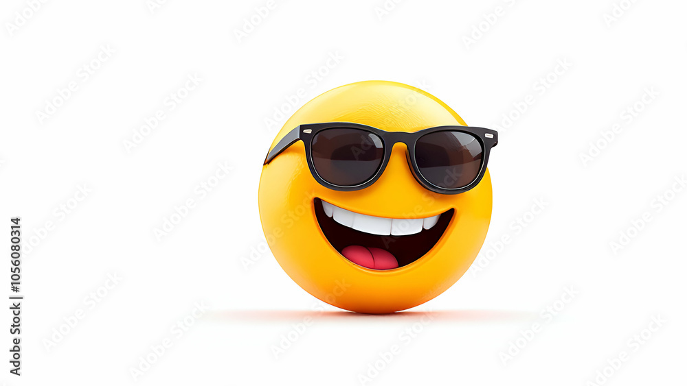 A 3D yellow emoticon with a wide grin and sunglasses on a white background. A 3D yellow emoticon with a wide grin and sunglasses on a white background.