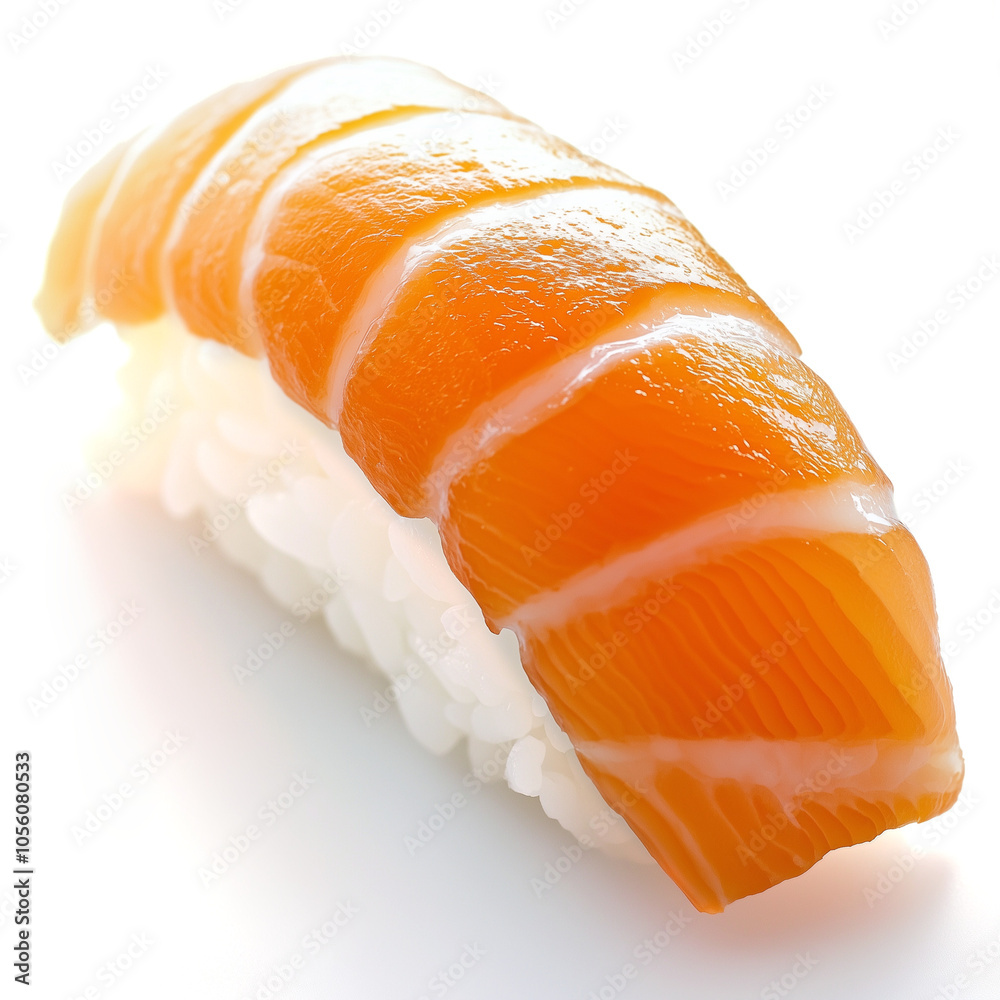 Close-Up of Fresh Salmon Nigiri Sushi with Vibrant Orange Salmon on White Rice Isolated on White Background Close-Up of Fresh Salmon Nigiri Sushi with Vibrant Orange Salmon on White Rice Isolated on White Background