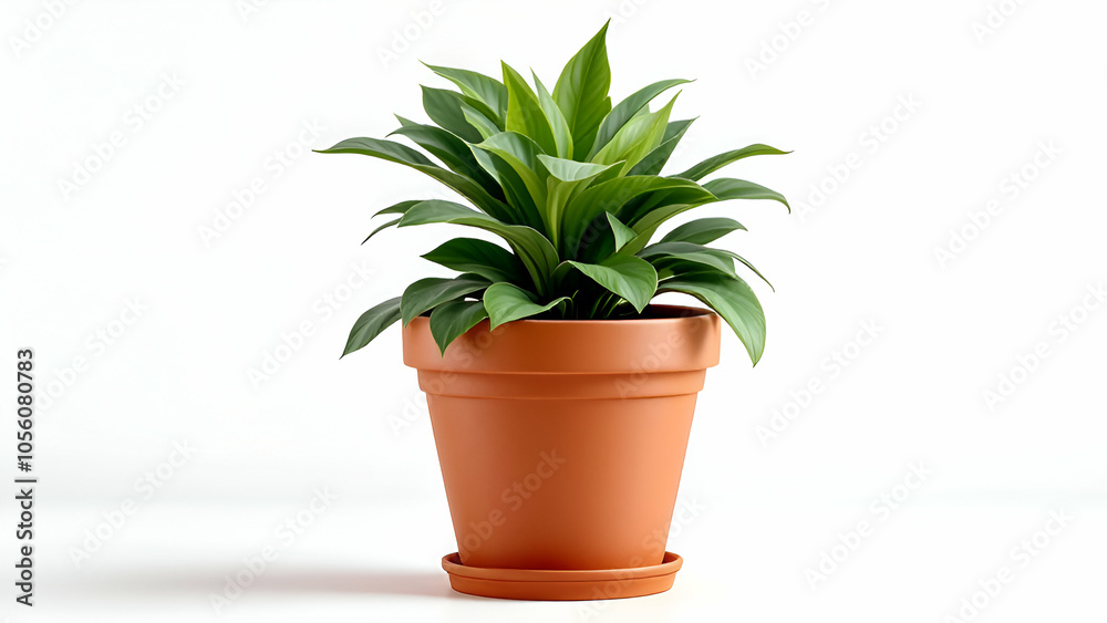 Fototapeta premium Indoor Green Plant in Terracotta Pot with Saucer