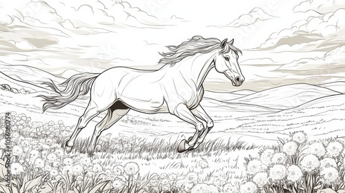 A majestic horse gallops through a picturesque meadow filled with dandelions under a cloudy sky in a serene landscape, coloring page