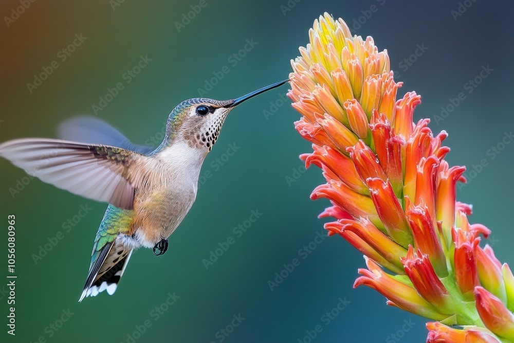 Fototapeta premium A hummingbird in motion near a vibrant aloe vera flower capturing the beauty of nature