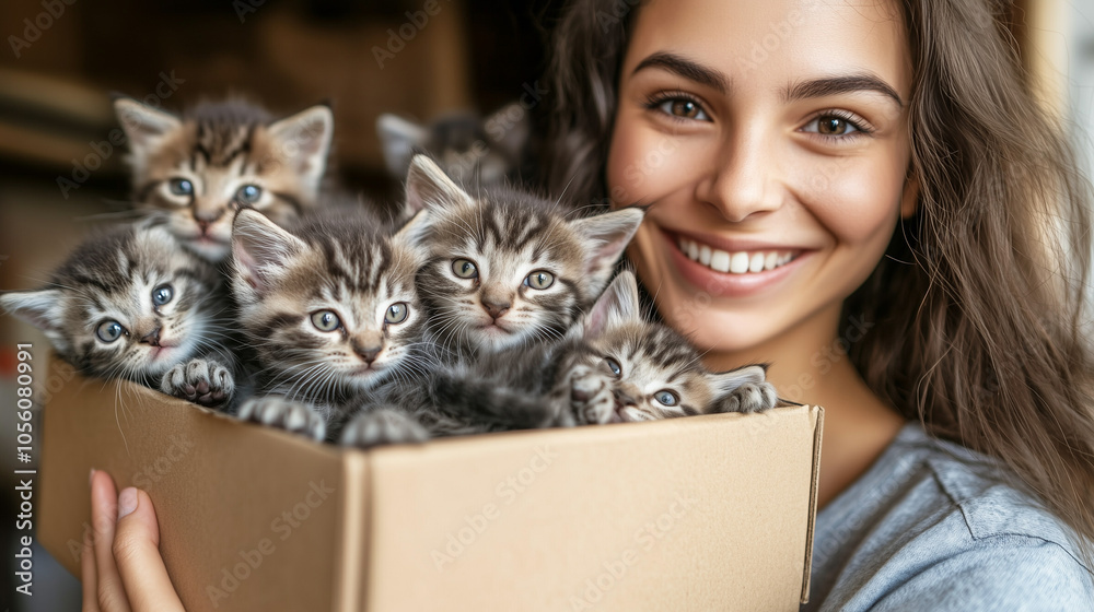 Fototapeta premium Baby Kittens in Box in Cozy Home, Smiling Woman