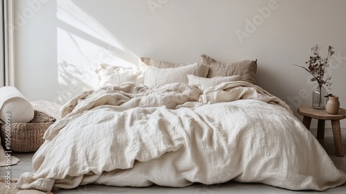 Bedroom in Nordic style with white walls, light wooden bed frame, soft linens, and natural light. Simple, cozy, and relaxing.