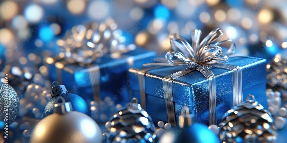Elegant blue and silver Christmas backdrop featuring shimmering gift boxes and festive bells, perfect for holiday greetings and seasonal promotions