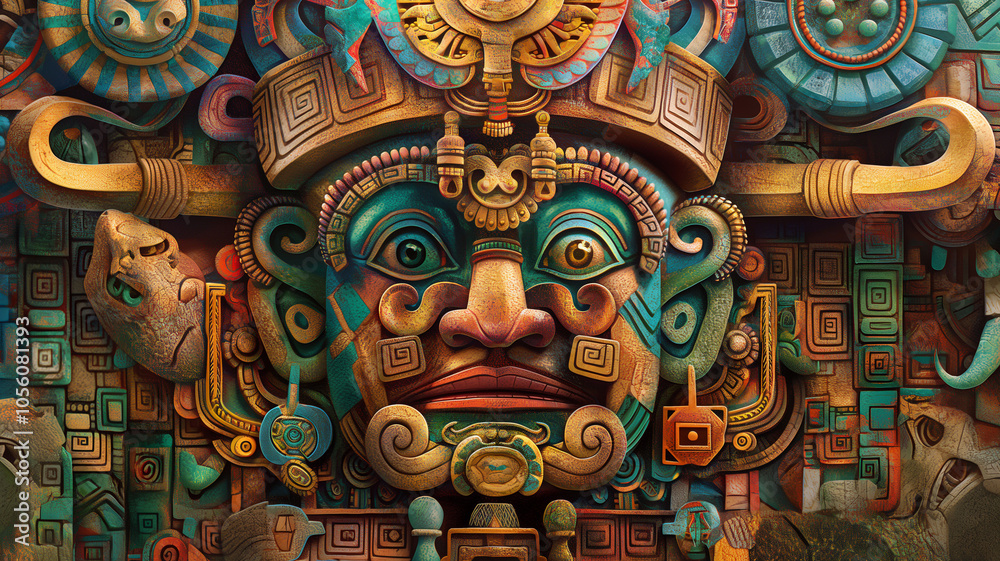 Fototapeta premium Esplendor Ancestral: Mural Maya de Oro y Jade