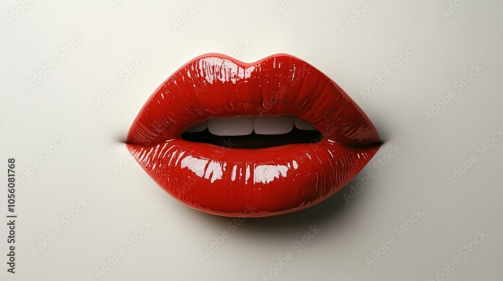 Obraz premium Lips, red lipstick, mouth isolated on white background with white teeth. Sexy kiss, girl smile, female mouth close up, sensual seductive tongue in the mouth of a young woman cosmetics. Cosmetology