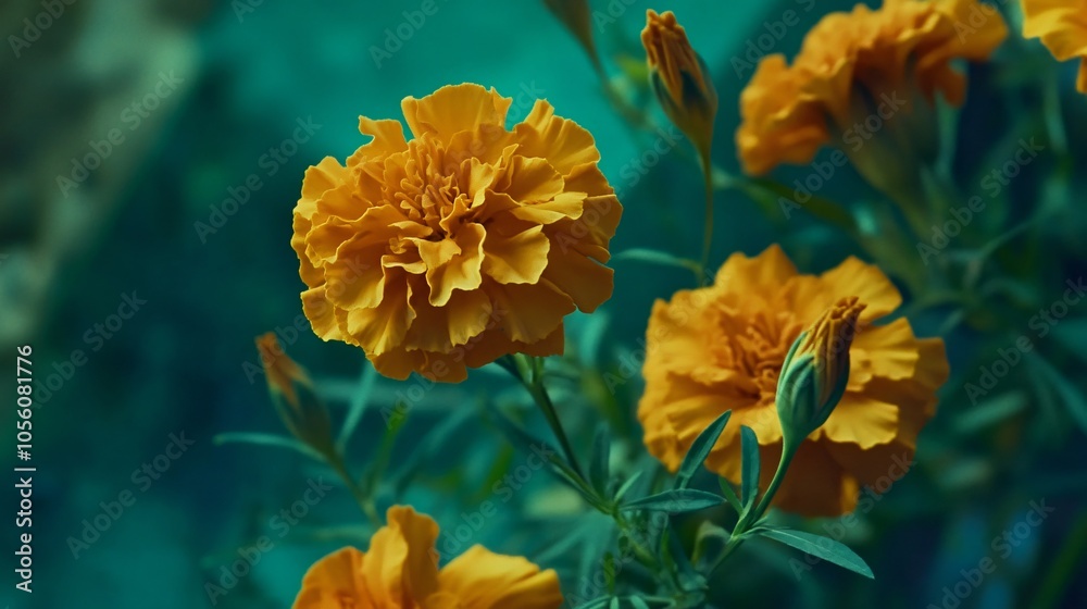 Marigold Blooms Against Teal Background Marigold Blooms Against Teal Background