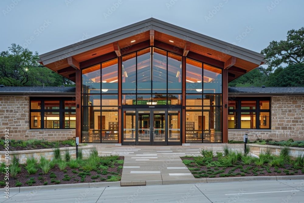 Contemporary architectural design modern building entrance with glass doors and lush greenery Contemporary architectural design modern building entrance with glass doors and lush greenery