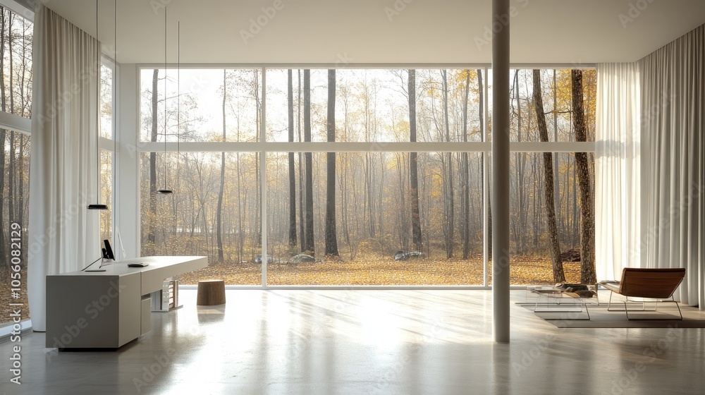 Home office in modern style with a minimalist desk, floor-to-ceiling windows, and clean lines. White walls keep focus on functionality.