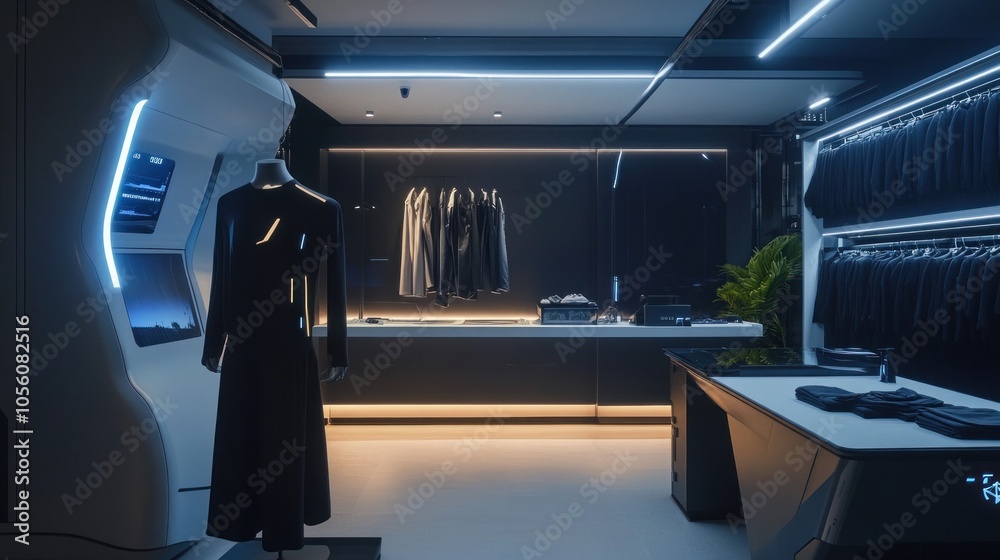 A sleek, modern clothing store interior featuring stylish garments and ambient lighting. A sleek, modern clothing store interior featuring stylish garments and ambient lighting.