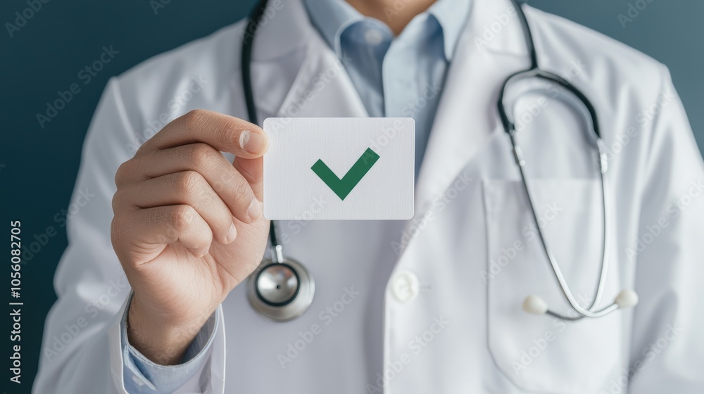 Doctor holding a card with a green checkmark, approval and verification concept, healthcare quality assurance Doctor holding a card with a green checkmark, approval and verification concept, healthcare quality assurance