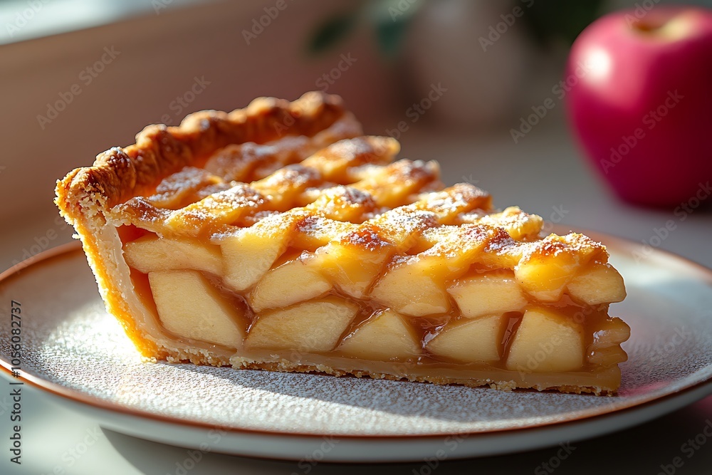 A delicious slice of homemade apple pie dusted with powdered sugar. A delicious slice of homemade apple pie dusted with powdered sugar.
