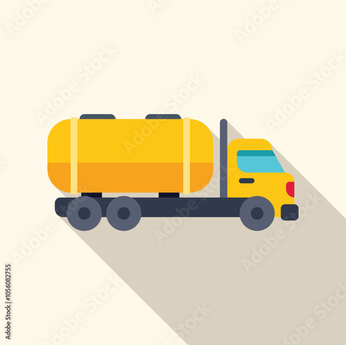 Yellow tank truck transporting liquid cargo, side view, flat design with long shadow