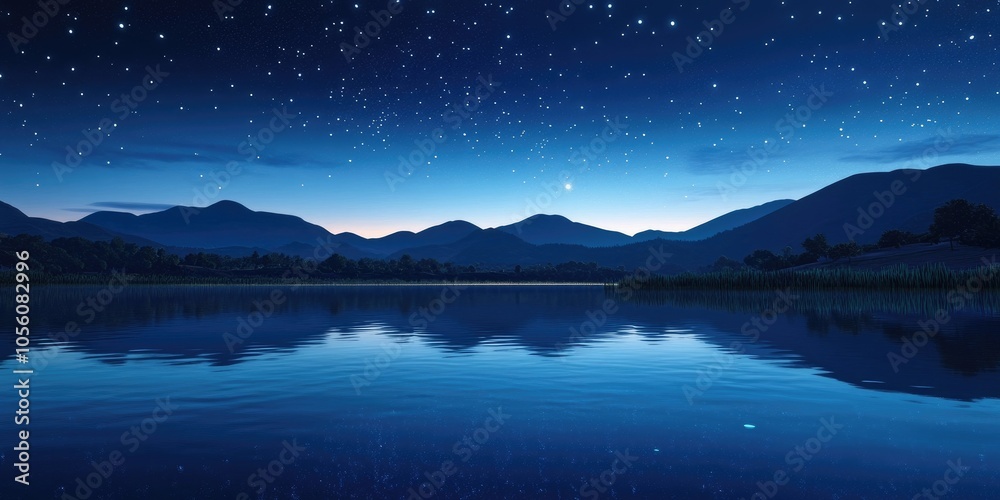 Calm lake under the starry night sky, a serene scene reflecting tranquility and solitude Calm lake under the starry night sky, a serene scene reflecting tranquility and solitude