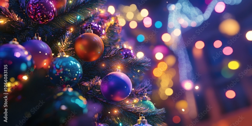 Close-up of a beautifully decorated Christmas tree adorned with vibrant ornaments and twinkling lights, perfect for holiday celebrations Close-up of a beautifully decorated Christmas tree adorned with vibrant ornaments and twinkling lights, perfect for holiday celebrations