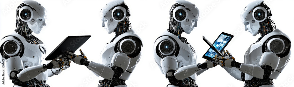 robots holding identical tablets in different poses and angles, robots holding identical tablets in different poses and angles,