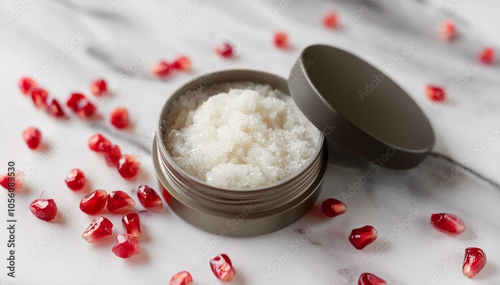 Sugar scrub jar with pomegranate seeds Sugar scrub jar with pomegranate seeds