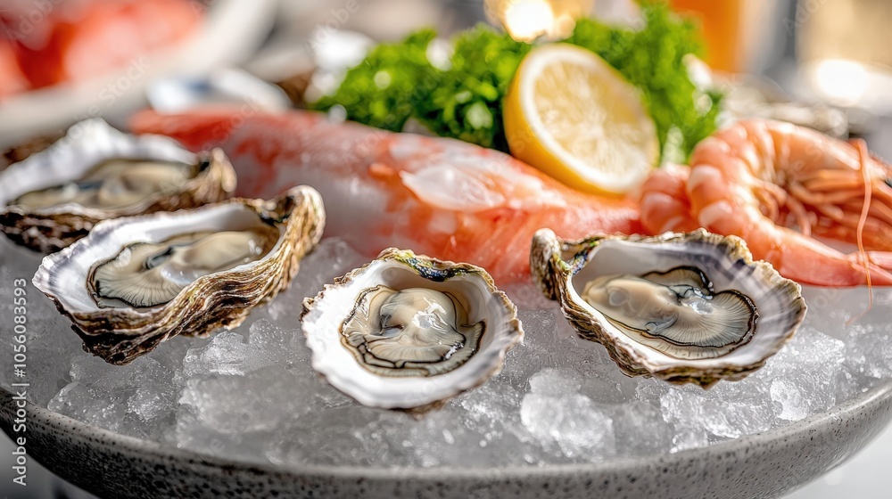 Seafood platter with oysters, shrimp, and lemon at a seaside restaurant Seafood platter with oysters, shrimp, and lemon at a seaside restaurant