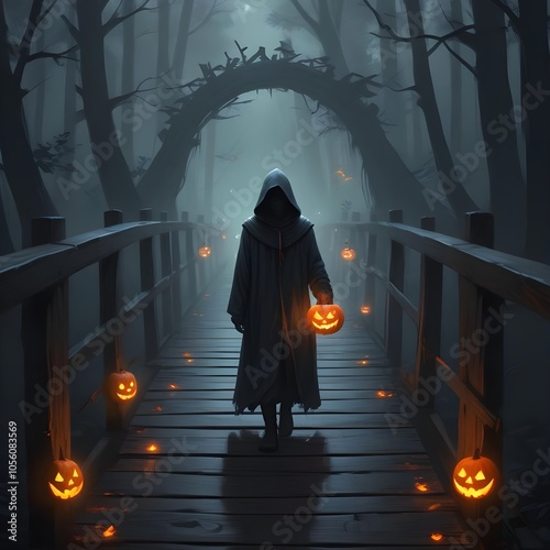 Ghosts and pumpkins for Halloween in a dark and foggy fores photo