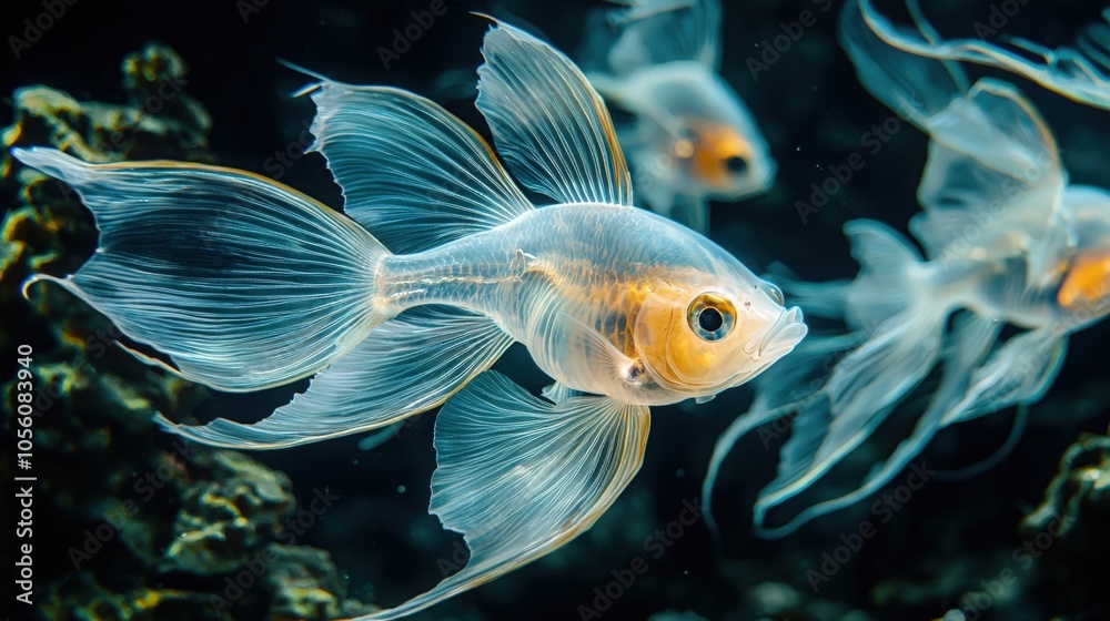 Transparent goldfish swimming gracefully in a vibrant aquarium during daylight hours Transparent goldfish swimming gracefully in a vibrant aquarium during daylight hours