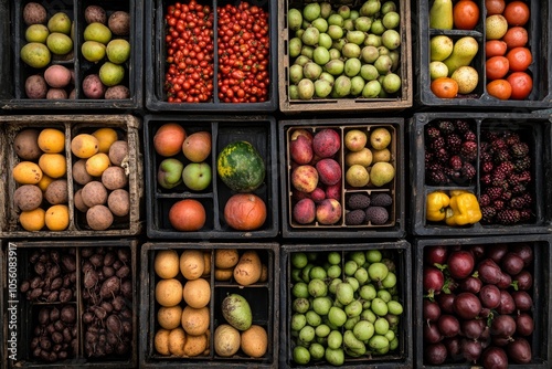 Aerial perspective of colorful crates brimming with fresh fruits and vegetables in abundance photo