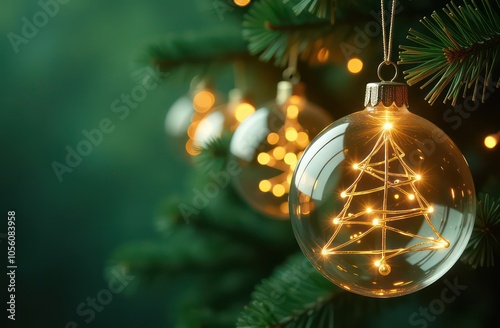 Garland made from a lot of glass transparent balls, inside a balls there are neon golden glowing lights, shape christmas tree without wood, festive blurred green background