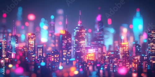 Blurred city skyline illuminated at night, abstract urban background with vibrant bokeh lights