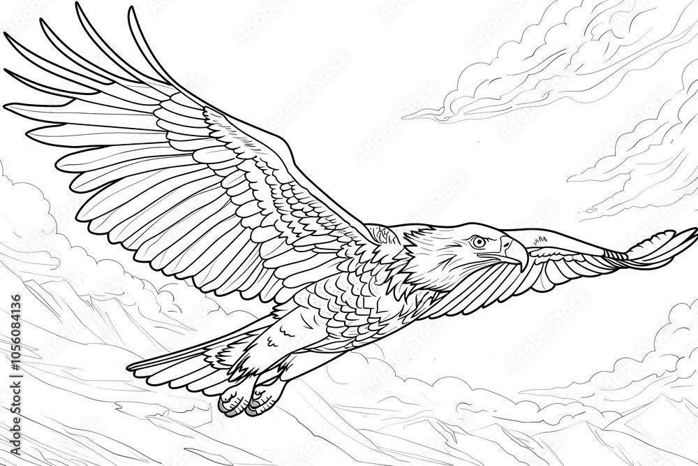 A majestic eagle in flight, showcasing its detailed feathers and powerful wings against a backdrop of clouds. Perfect for coloring enthusiasts. A majestic eagle in flight, showcasing its detailed feathers and powerful wings against a backdrop of clouds. Perfect for coloring enthusiasts.