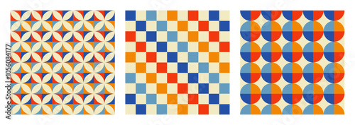 Retro groovy checkered texture. Trendy aesthetic retro set of geometric seamless patterns. Modern abstract background featuring blue, orange, yellow, beige and red colors.