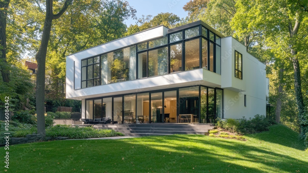 Modern house exterior with clean lines, white walls, and large glass windows. Minimal landscaping and sleek design. Modern house exterior with clean lines, white walls, and large glass windows. Minimal landscaping and sleek design.