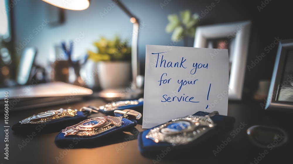 Close-up of a gratitude note on a desk with police badges, honoring law enforcement service. Blurred background enhances solemnity.
