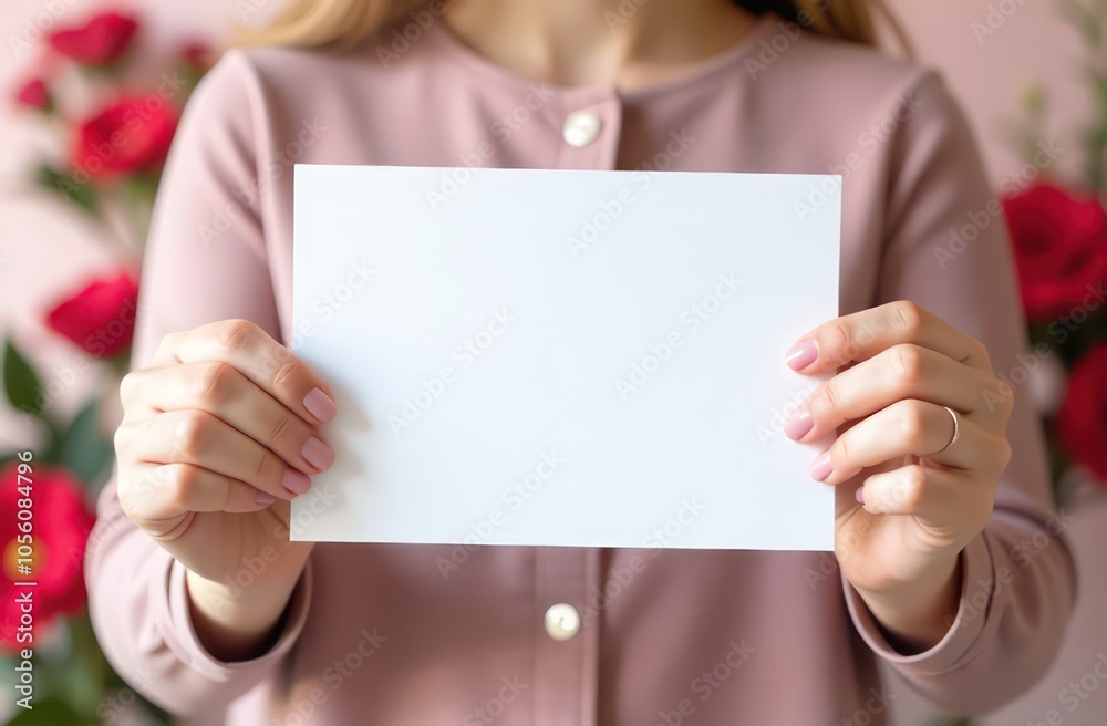 close up of female hands holding white blank sign, hearts and flowers in background close up of female hands holding white blank sign, hearts and flowers in background