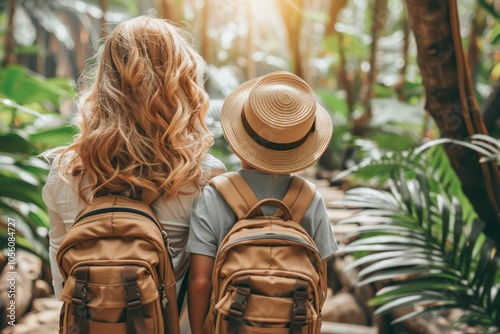 A mother and son s adventure  exploring the forest together amidst lush greenery and nature photo