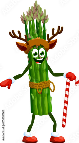 Cartoon Christmas holiday asparagus character with reindeer antlers, vector funny vegetable. Asparagus with happy cute face in costume of Santa deer for winter holiday Christmas and New Year emoji