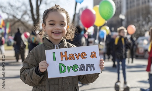 A child holding a sign reading "I Have a Dream" at a celebration.