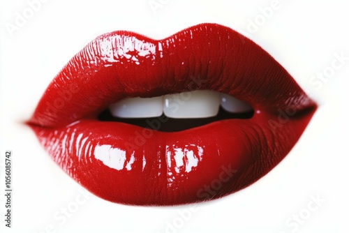 Lips, red lipstick, mouth isolated on white background with white teeth. Sexy kiss, girl smile, female mouth close up, sensual seductive tongue in the mouth of a young woman cosmetics. Cosmetology