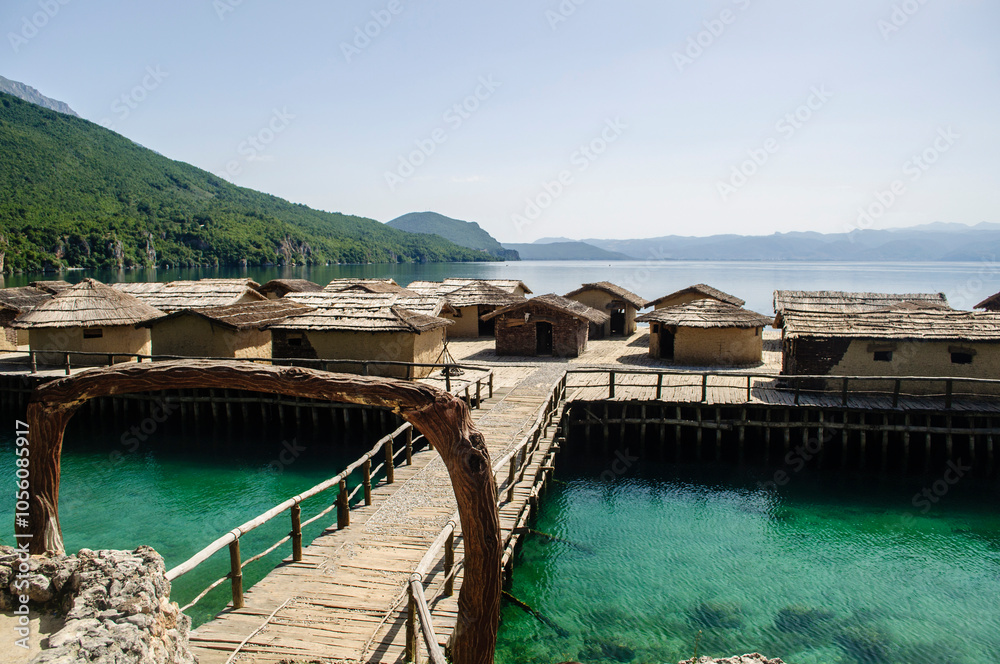 Museum on water on the Ohrid Lake, Macedonia. Bay of the bones (Museum on water), authentic reconstruction of the pile-dwelling settlement, dating back between 1200 and 700 BC. Museum on water on the Ohrid Lake, Macedonia. Bay of the bones (Museum on water), authentic reconstruction of the pile-dwelling settlement, dating back between 1200 and 700 BC.