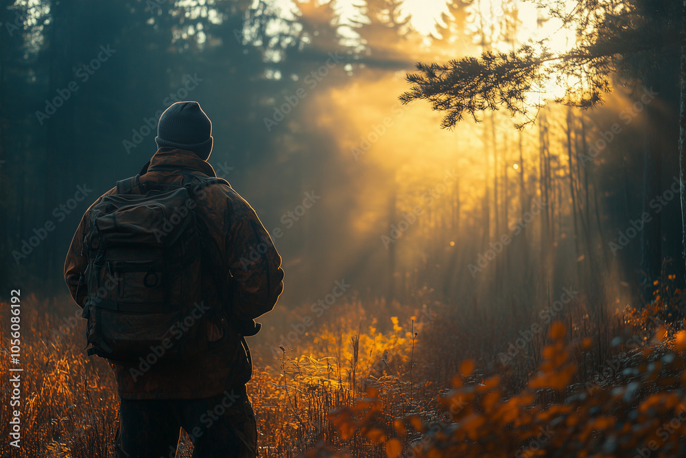 Fototapeta premium Traveler with a backpack walking through the forest background.
