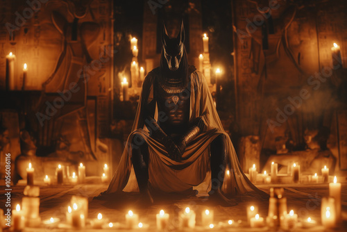 Anubis, ancient Egyptian god sith on the golden throne on a burning fire backround.