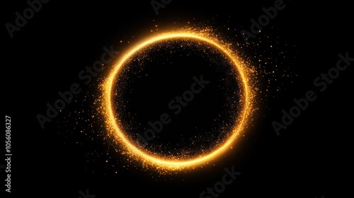 Glowing circular ring of golden sparkles on dark background. Abstract magical and festive light effect concept.