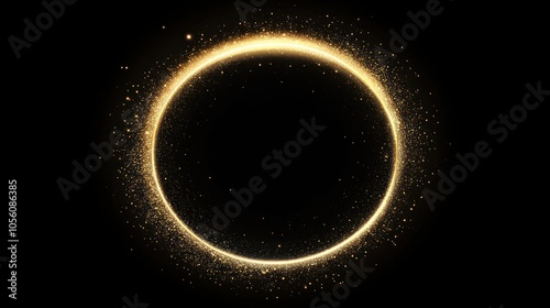 Glowing circular ring of golden sparkles on dark background. Abstract magical and festive light effect concept.