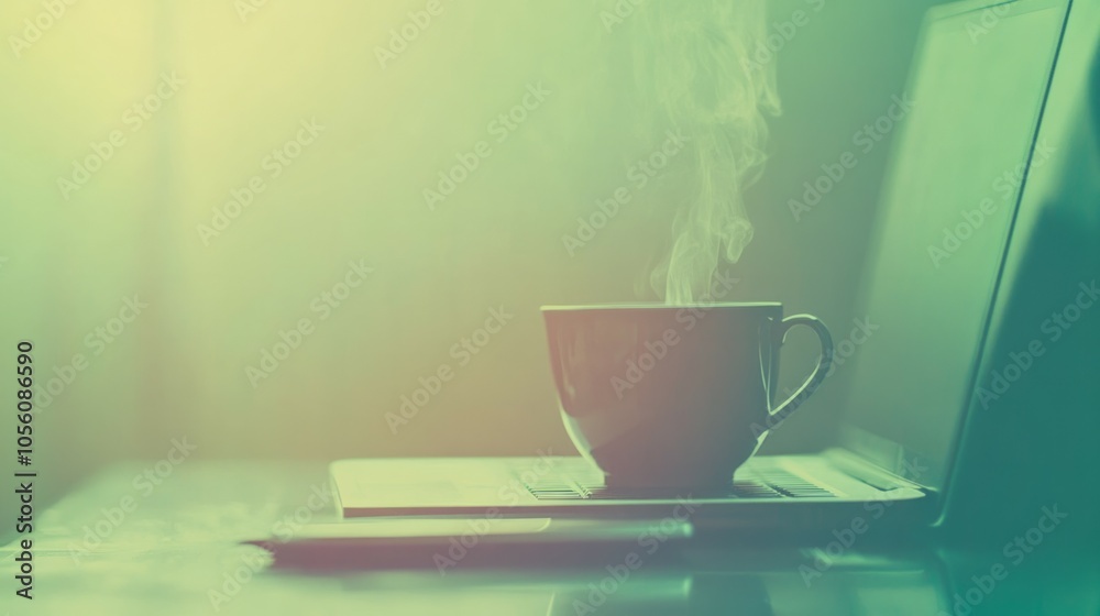 Business background with office desks, laptops, and coffee cups, Business background with office desks, laptops, and coffee cups,