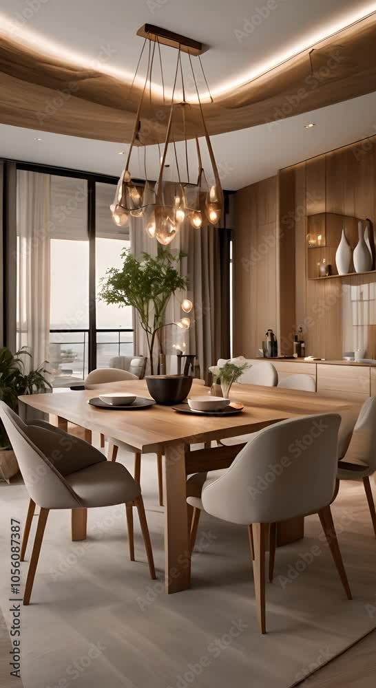 Contemporary dining room interior furnished wooden table in modern living room Vertical 4K Contemporary dining room interior furnished wooden table in modern living room Vertical 4K