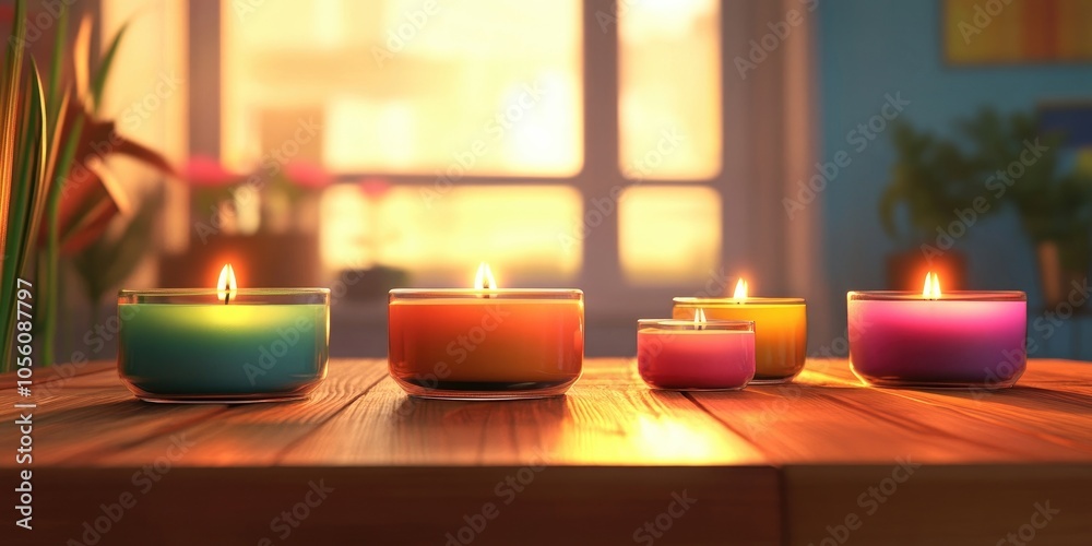 Decorated scented candles arranged on a wooden table indoors, perfect for cozy atmospheres and ambiance, space for personalized messages Decorated scented candles arranged on a wooden table indoors, perfect for cozy atmospheres and ambiance, space for personalized messages