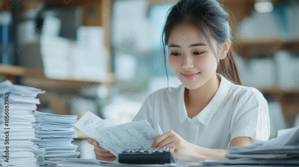 Fototapeta premium A woman smiles while working with documents and a calculator at a desk, surrounded by stacks of papers in an office setting.